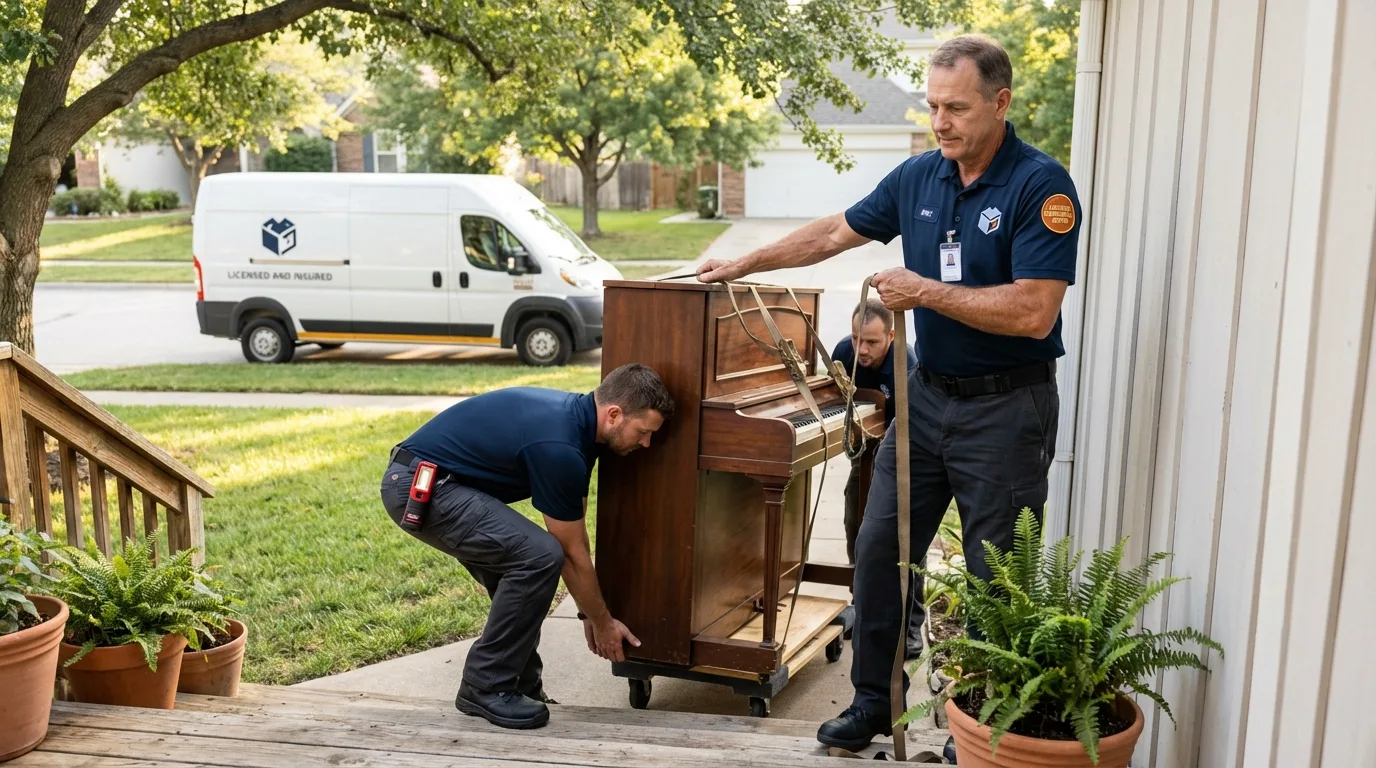 Licensed piano movers securing grand piano in Thorndale, PA