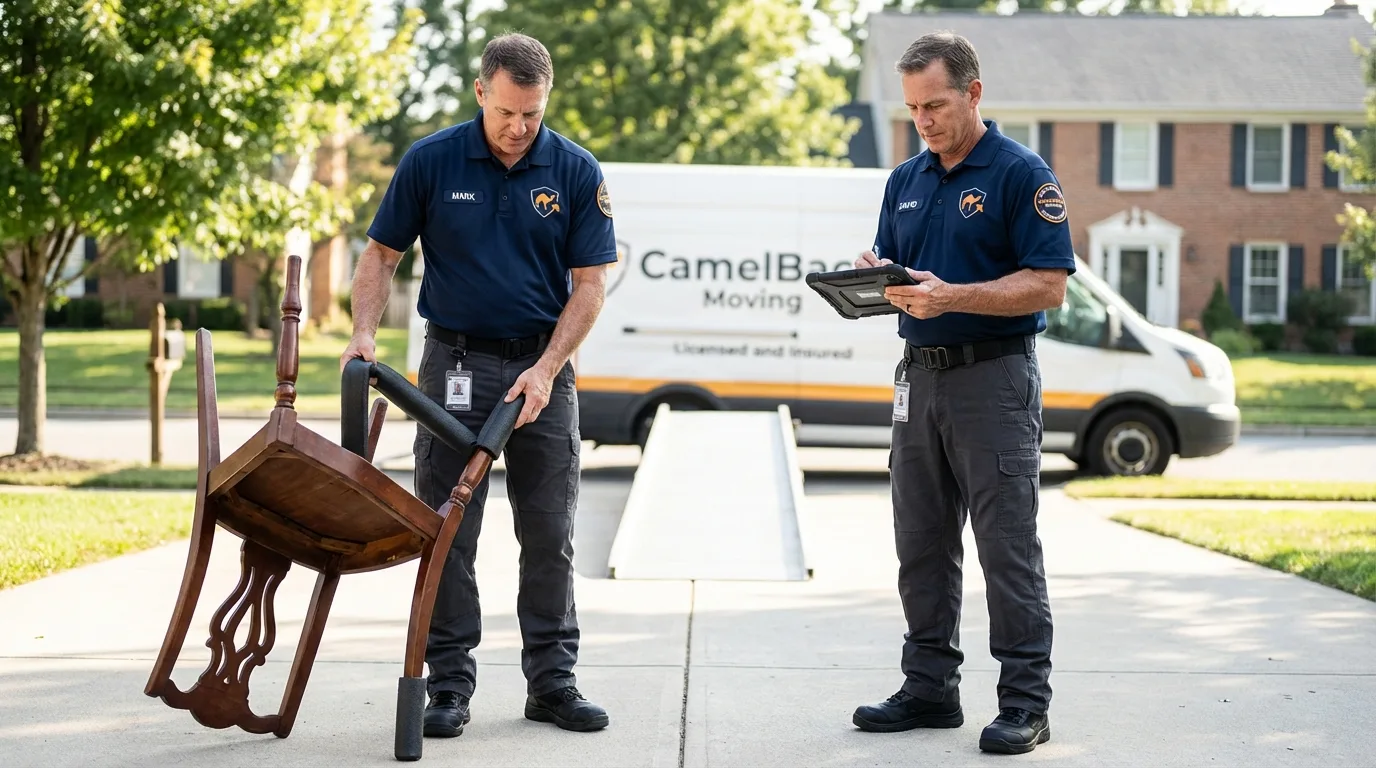 Movers inspecting furniture for damage prevention before loading in Thorndale, PA