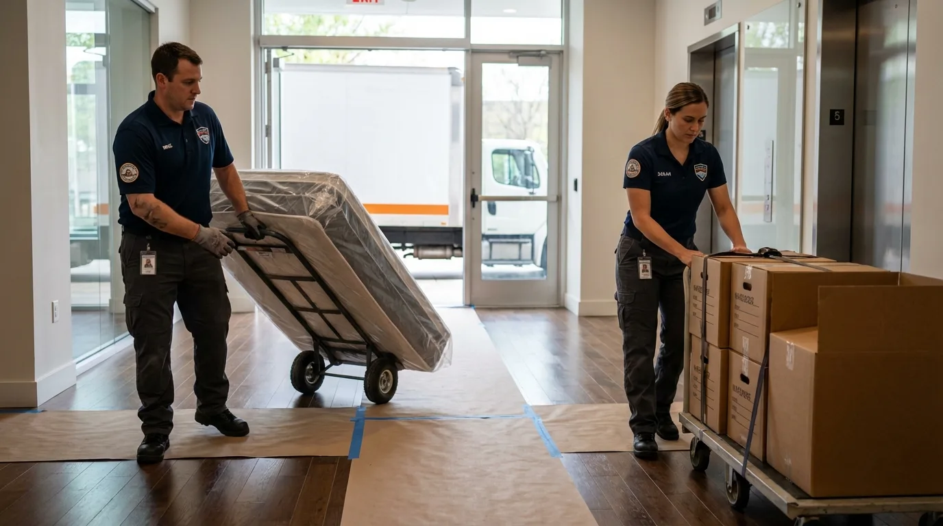 Professional apartment movers loading elevator in Thorndale, PA