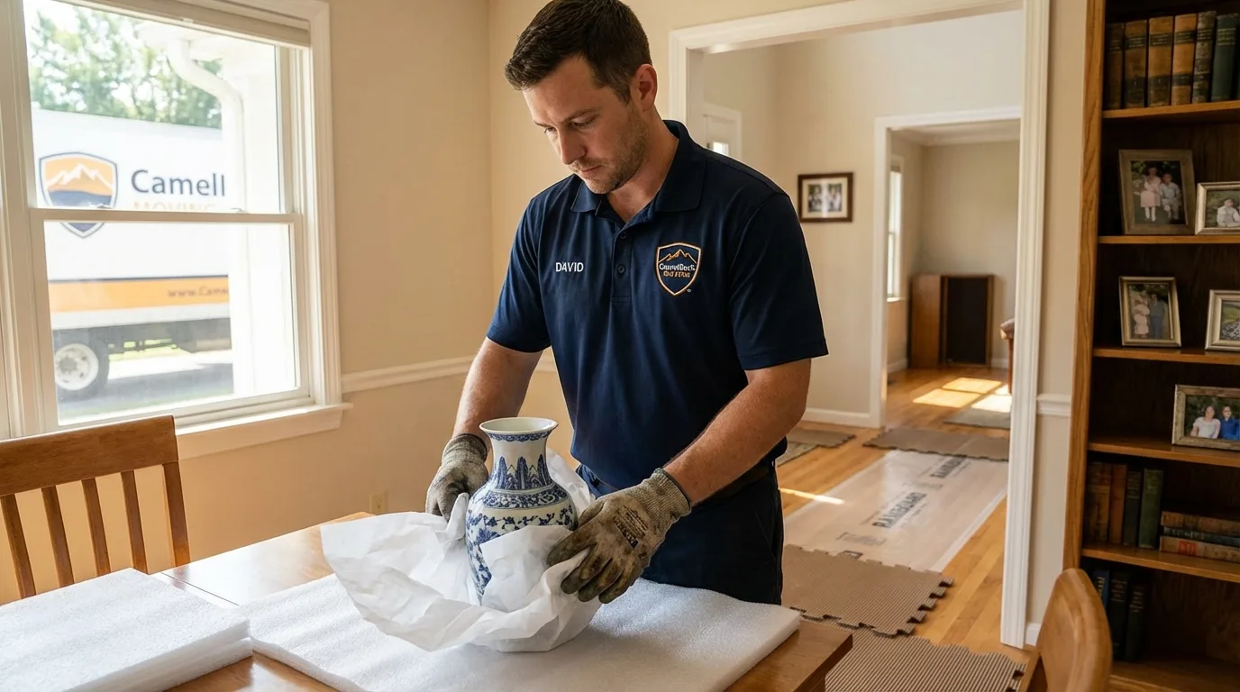 Professional crew carefully wrapping antique vase for senior downsizing move in Thorndale, PA